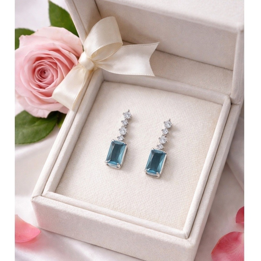 Blue Emerald Cut Crystal Drop‎ Earrings Silver Tone Bridal Wedding Formal Dangle
